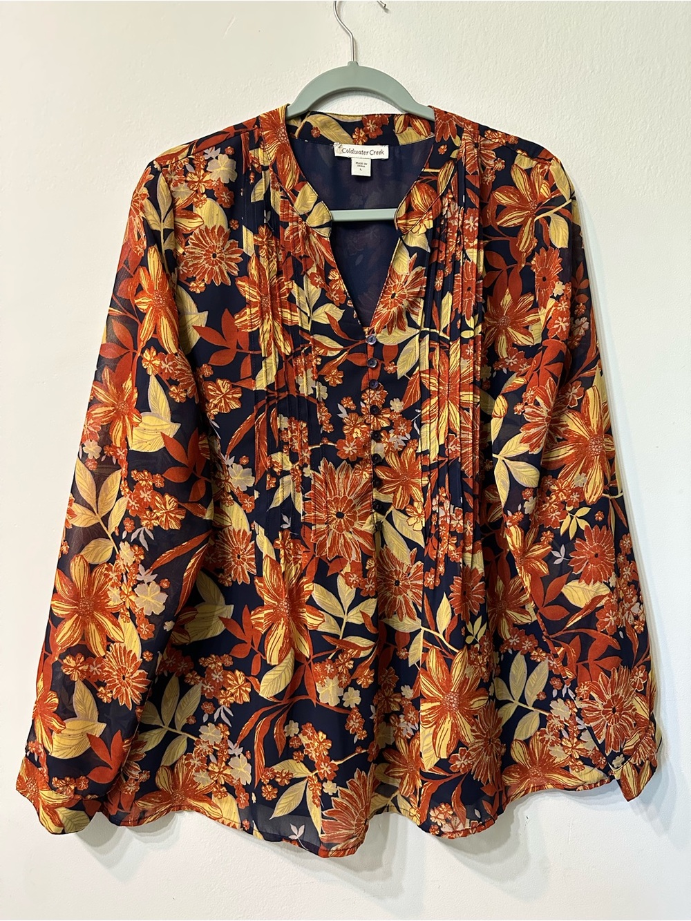 Coldwater Creek Floral Pintuck Blouse Women's Size L Lined Navy Rust Boho Top